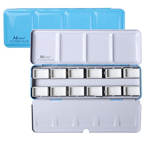 MEEDEN Empty Watercolor Tins Box Palette Paint Case, Mdeium Blue Tin with 12 Pcs Full Pans