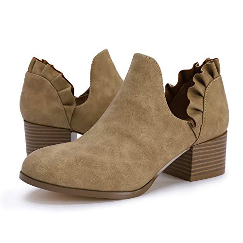 FISACE Womens Ruffle Cut Out Ankle Booties Slip On Chunky Low Heel Cowgirl Boots