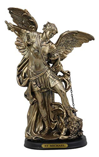 Ebros Large Byzantine Catholic Church Archangel Saint Michael Slaying Chained Lucifer Statue 12.5inch Tall St Miguel Battle of Armageddon Decorative Figurine with Brass Name Plate Wooden Base