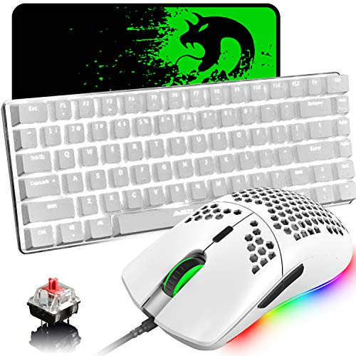 Gaming Keyboard and Mouse-3 in 1 White LED Backlit Wired Mechanical Keyboard Red Switch-RGB 6400 DPI Lightweight Gaming Mouse with Honeycomb Shell-Gaming Mouse Pad for PC Gamers-White-