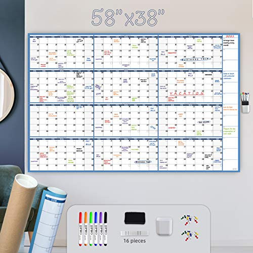 Large Dry Erase Wall Calendar - 58inchx38inch - Blank Undated Yearly Calendar - Whiteboard Premium Laminated Planner - Reusable Laminated Office Jumbo 12 Months Calendar
