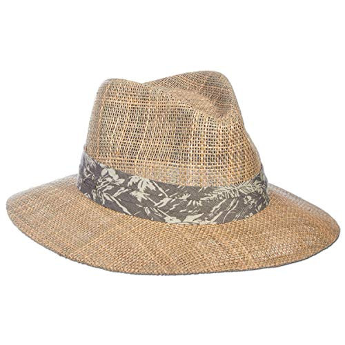 Panama Jack Dos Sombras Matte Seagrass Straw Safari Sun Hat with 3-Pleat Ribbon Band -Tropical Light Brown Band- Small/Medium-