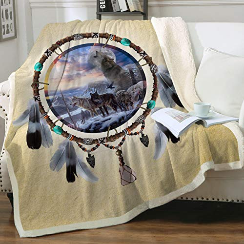 Sleepwish Wolf Dream Catcher Blanket Vintage Yellow Wolf Throw Blanket Snow Wild Animals Sherpa Fleece Blanket -50inch x 60inch-