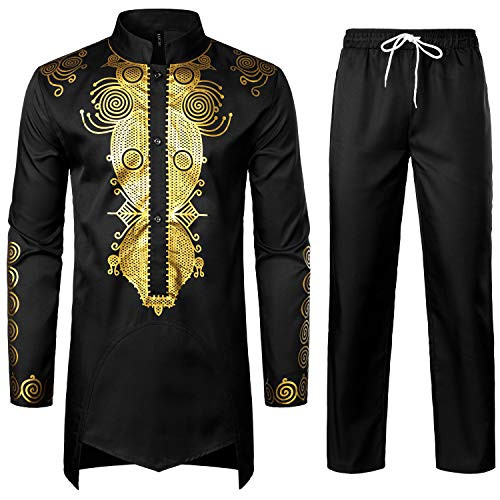 LucMatton Men's African 2 Piece Set Long Sleeve Gold Print Dashiki and Pants Outfit Traditional Suit Black Large LucMatton Men's African 2 Piece Set Long Sleeve Gold Print Dashiki and Pants Outfit Traditional Suit Black Large