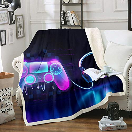 Erosebridal Gaming Flannel Blanket- Music Gamer Throw Blanket Throw Size for Kids Boys Girls Teens- Gamepad Video Games Sherpa Blanket- Headphone Novelty Game Plush Blanket for Bed Couch- Blue Purple