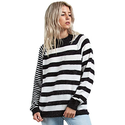 Volcom Womens Junior Need Space Wide Neck Crew Striped Sweater Sweater- Black- Extra Small