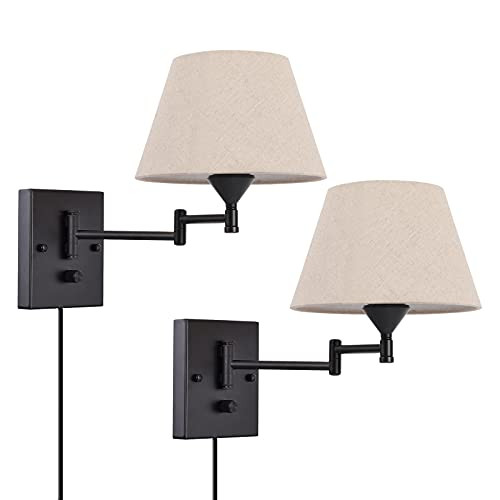 Pauwer Plug in Wall Sconce Set of 2 Swing Arm Wall Lamp with Plug in Cord and Fabric Shade Wall Light Fixtures for Hallway Bedroom Living Room -Beige Shade-