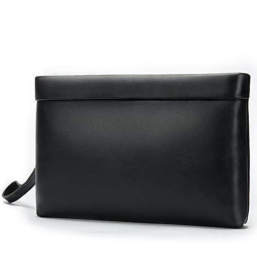 NIUCUNZH Handbag for Men Clutch Bag Hand Purse Large Wallet with Wristlet-Soft Cowhide Leather Black