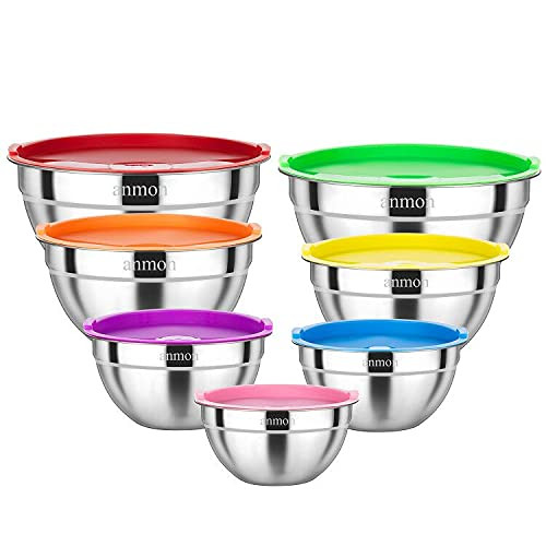 Mixing Bowls- Stainless Steel Mixing Bowls Set of 7 with Lids for Kitchen- Nesting Metal Bowls for Baking Cooking Serving Prepping Food Storage- Salad Bowls - 6.5- 5- 4- 3- 2.5- 2- 1.5 QT -Colorful-