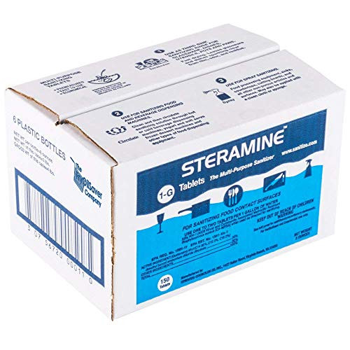 6 x Steramine Quaternary Sanitizing Tablets- Sanitizing Food Contact Surfaces- Kills E-Coli- HIV- Listeria- Model 1-G- 150 Sanitizer Tablets per Bottle- Blue- Pack of 6 Bottles