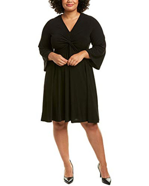 London Times Women's Plus Size Long Sleeve Twist Front Crepe FIT and Flare Dress- Black- 1X