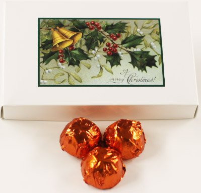 Scott's Cakes Dark Chocolate Peach Marzipan Candies with Orange Foils in a 1 Pound Mistletoe Box