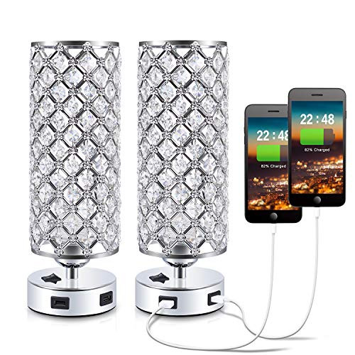 USB Crystal Bedside Lamps Table Lamps with Dual USB Charging Ports Set of 2- Kakanuo Modern Nightstand Lamps Bedroom Lamps Table Lamps for Bedroom- Living Room- Study Room and Office -Set of 2-