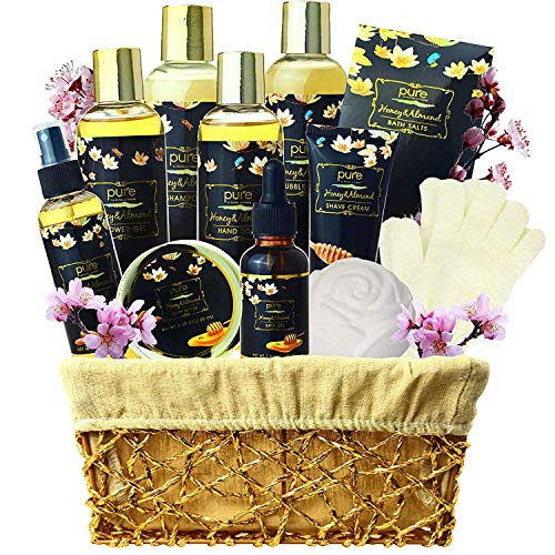 Premium XL Spa Gift Basket for Men  and  Women Pampering Honey Almond Spa Gift Set Natural Bath Gift Set. Includes Bubble Bath- Body Lotion- Bath Bombs and More -Almond Milk  and  Honey-