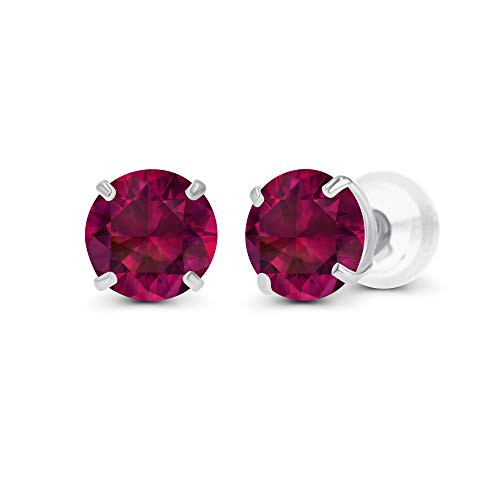 Genuine 14K Solid White Gold 6mm Round Created Ruby July Birthstone Stud Earrings