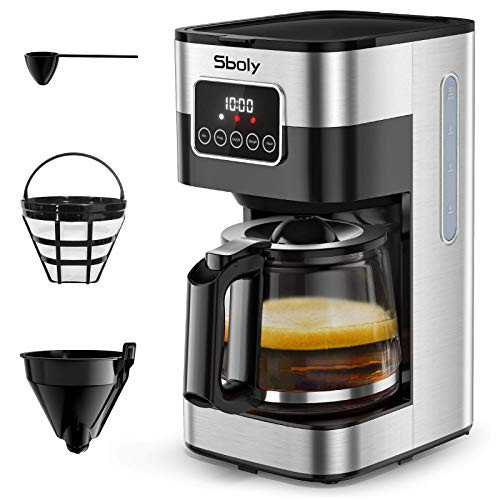 Sboly Programmable Coffee Maker- 10 Cup Drip Coffee Maker with Glass Coffee Pot- Stainless Steel Coffee Maker with Timer and Strength Control- Automatic Coffee Machine Includes Reusable Filter