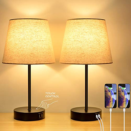 3-Way Touch Control Dimmable Table Lamp with 2 USB Charging Ports and 1 Power Outlet- Set of 2 Bedside Nightstand Lamps Fabric Shade- Modern Desk Lamp for Bedroom Living Room Office- E26 LED Bulb Included