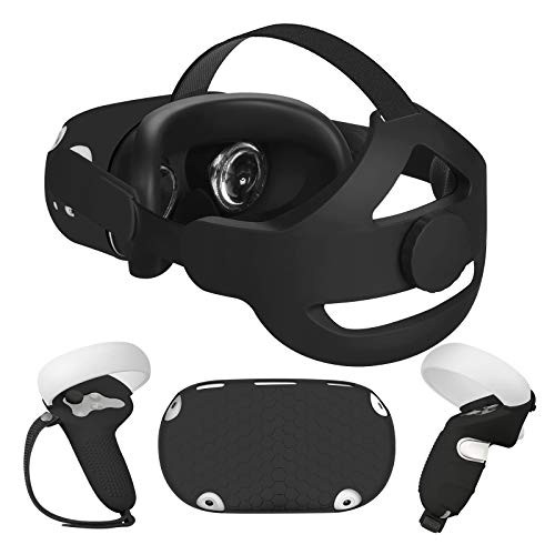 Esimen 5 in 1 Adjustable Head Strap for Oculus Quest 2 VR Shell Front Face Pad Grip Cover-Enhanced Support and Comfort in VR -Black-