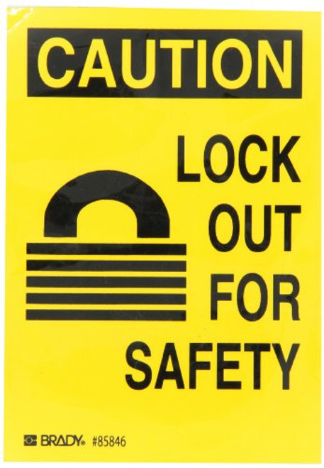 Brady 85846 3-1-2" Width x 5" Height B-302 Polyester Black on Yellow Lockout Sign Header "Caution" Legend "Lock Out For Safety" -with Picto-