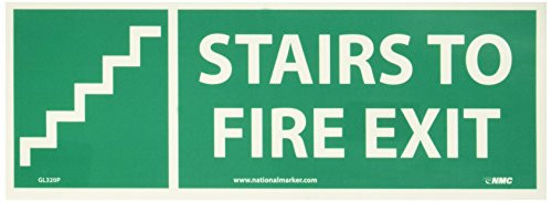 NMC GL320P STAIRS TO FIRE EXIT Sign  14 in. x 5 in. 6 Hour Glow Polyester Fire Safety Sign with Stairway Graphic Yellow on Glow Green