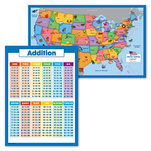 2 Pack - USA Map for Kids -Illustrated-  plus Addition Table Math Poster -Laminated 18" x 29"-