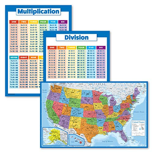 3 Pack - Multiplication Tables Poster plus Division plus USA Map -Blue Ocean- -Laminated 18" x 24"- 3 Pack - Multiplication Tables Poster plus Division plus USA Map -Blue Ocean- -Laminated 18" x 24"-