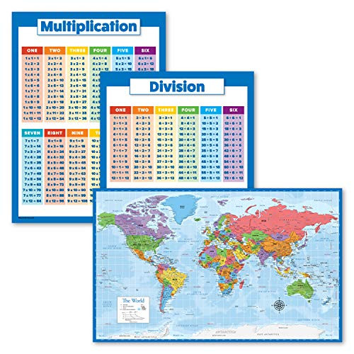 3 Pack - Multiplication Tables Poster plus Division plus World Map -Blue Ocean- -Laminated 18" x 24"- 3 Pack - Multiplication Tables Poster plus Division plus World Map -Blue Ocean- -Laminated 18" x 24"-