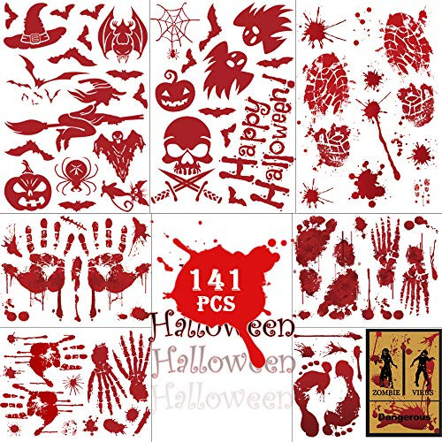 Halloween Bloody Window Stickers 14 Sheets Window Stickers Wall Floor Decals Clings Halloweeen Decorations Bloody Handprints Spooky Footprints Scary Scene Party Supplies