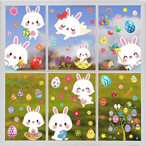 Easter Decoration Easter Window Clings Happy Easter Stickers Decor Bunny Easter Eggs Window Stickers Colorful Easter Decals Home Easter Party Ornaments -9 Sheets 97 Pieces-