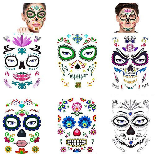 Floral Day of the Dead Sugar Skull Temporary Face Tattoo Red Roses Day of The Dead Makeup Tattoo Stickers Props for Halloween Masquerade and Parties 6 Sheet