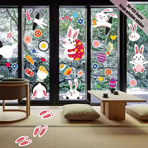 JAKI 86 PCS Easter Window Clings Easter Spring Window Decorations for Kid Bunny Easter Eggs Wall Floor Stickers Rabbit Paw Clings Stickers for Home School Party Decals Decoration Supplies