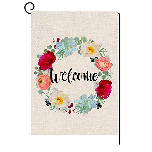 Welcome Garden Flag Flower Wreath Spring Flag Vertical Double Sided Summer Farmhouse Burlap Yard Outdoor Decor 12.5 x 18 Inch