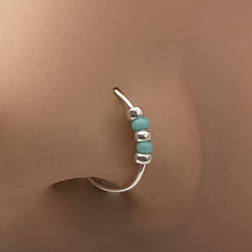 Turquoise Beads Fake Clip-On Nose Ring 24g - 925 Sterling Silver Hoop - Turquoise Bead - No Piercing Needed - False Nose Hoop