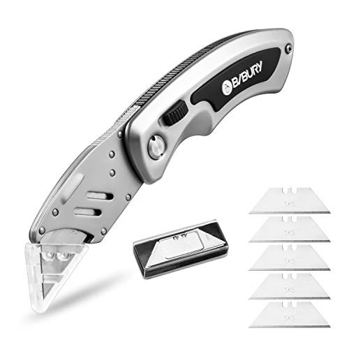 Utility Knife, BIBURY Heavy Duty Box Cutter Pocket Sandblasted Black Utility Knives with 5 Replaceable SK5 Stainless Steel Blades, Belt Clip, Easy Release Button, Quick Change and Lock-Back Design