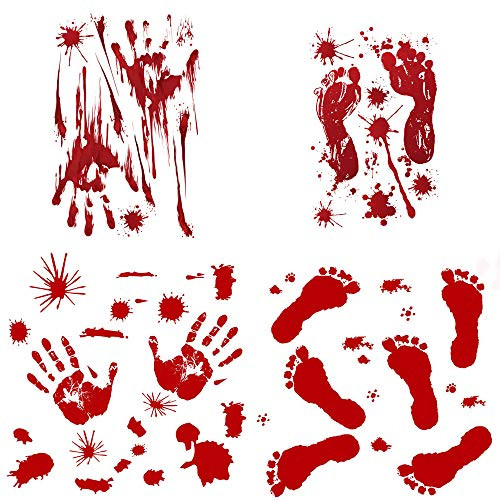 Handprint Footprint Halloween Decorations 4 Sheets Bloody Wall Decal Floor Clings with Tattoo Stickers Spooky Window Stickers for Halloween Party Decorations -set1-