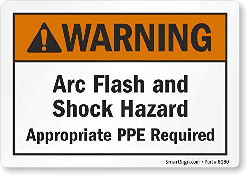 SmartSign Adhesive Vinyl Label Legend "Warning- Arc Flash and Shock Hazard PPE Required" 3.5" high x 5" wide Black-Orange on White