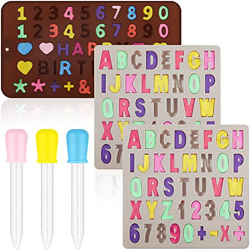 3 Pieces Silicone Letter Molds for Chocolate Alphabet Numbers Fondant Molds Candy Letters Molds Silicone Chocolate Number Letter Mold with Droppers for DIY Cookies Ice Cube Cake Decorating