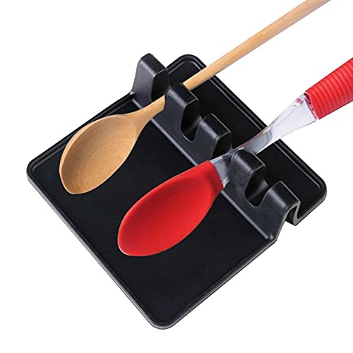 Silicone Utensil Spoon Rest Kitchen Utensil Rest with Drip Pad Multi Spoon Holder for Stove Top Counter Heat-Resistant Silicone Spoon Rest for Spatulas Ladles Tongs -Black-