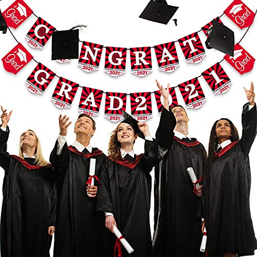 2021 Graduation Banner - No DIY Required Graduation Party Supplies Decorations Grad Banner for College High School Party -Red Congrats Grad 2021-