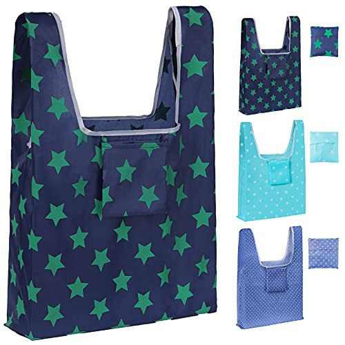 Reusable Grocery Bags - 3 Pack Foldable and Machine Washable Shopping Bags XL Ripstop Nylon Tote Bag Eco-Friendly Waterproof Durable Lightweight