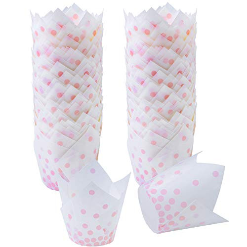 Ruisita 150 Pieces Tulip Baking Cups Pink Polka Dot Cupcake Liners Muffin Baking Cup for Birthday, Weddings, Anniversaries(Pink)