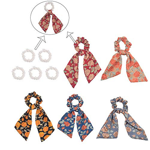 4 in 1 10 Pcs Hair Scarf Hair Scrunchies Chiffon Floral Scrunchie Hair Bands and Pearl Hair Bands Bow Bowknot Scrunchie Bobbles Elastic Hair Ties Bands Ponytail Holder for Women Accessories