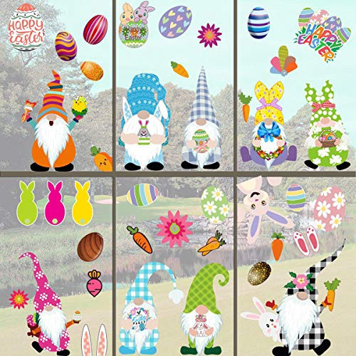 Easter Window Clings Decorations 9 Sheets Easter Gnome Static Cling Decals Glass Doors Egg Bunny Stickers Decor for Spring Holiday Party -Easter-