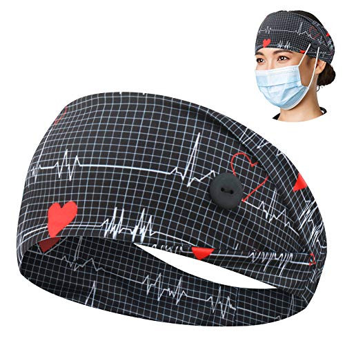 Headbands with Button for Mask Wide Nurses Headbands Non Slip Elastic Ear Protection for Women Men Doctors Sweatband Head Wrap -1 Pack Black Ecg-