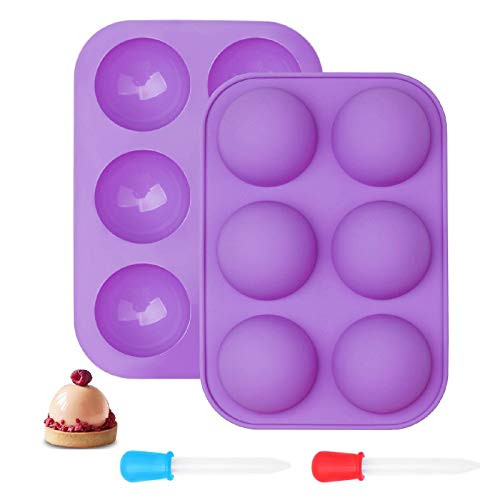 2 Packs 6 Holes Silicone Molds plus2 Pcs Droppers Half Sphere Silicone Molds Cake Molds for Baking Round Shape Silicone Molds for Baking Pudding Jelly Handmade Soap Dome -Purple-