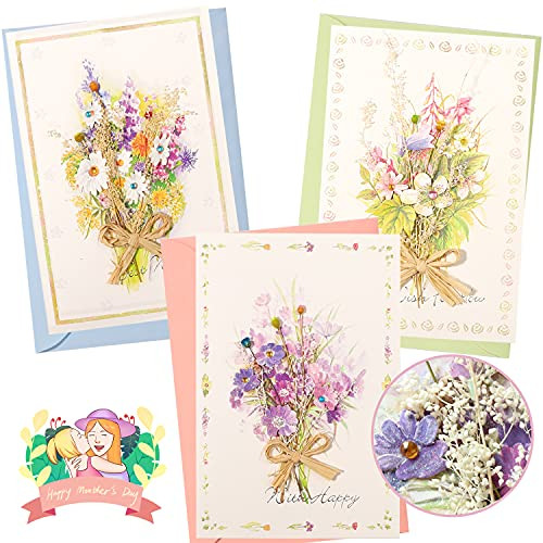 3Pcs Blank Greeting CardsDried Flowers Greeting Card Floral Watercolor Blank Cards with Envelopes Blank Note Card Thank Notes for Birthday Party Invitation Card