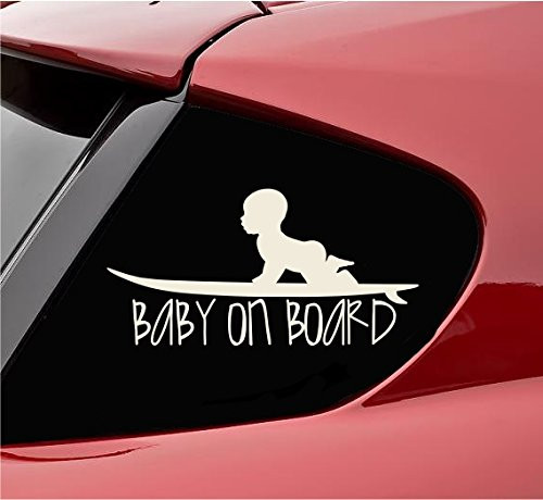Slap-Art Baby on Board with Baby on surf Board Vinyl Decal Sticker -Beige-
