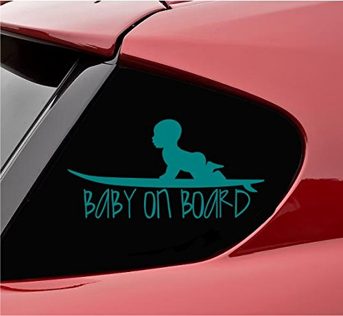 Slap-Art Baby on Board with Baby on surf Board Vinyl Decal Sticker -Teal-