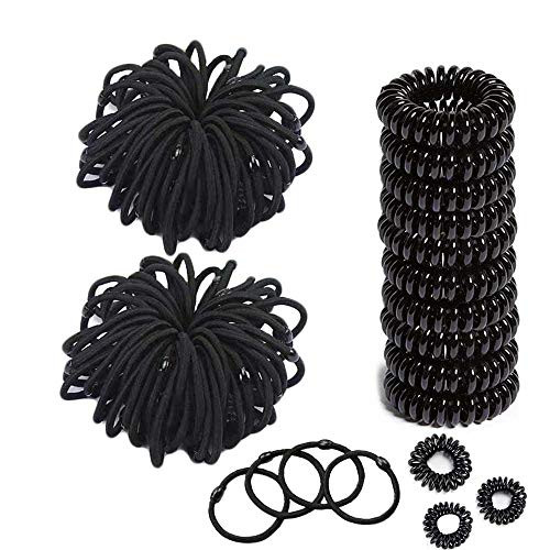 50 Pcs Hair Ties Black Elastic Hair Bands -4mm-  and  10 Pcs Spiral Hair Ties for Women Rubber Hair Ties for Thick Heavy and Curly HairNo Metal Ponytail Holder Prevent Tangles Breakage Headaches