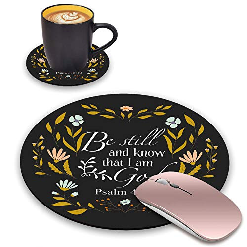 ChaTham Round Mouse Pad with Coasters Set Floral Quote Bible Verse Psalm 46-10 - Be Still and Know That I am God Mouse Pad Non-Slip Rubber Base Mouse Pads for Laptop and Computer Office Accessories